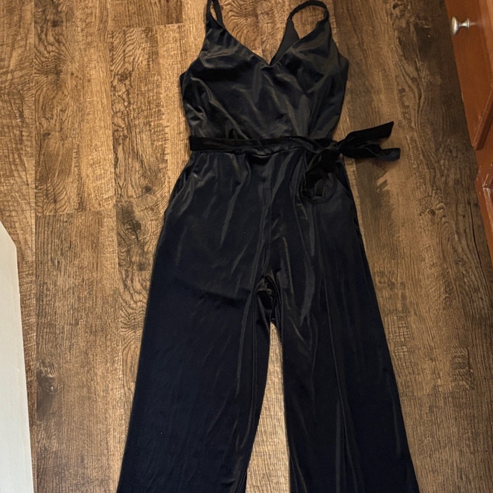 Banana Republic Black Velvet Wrap Belt Sleeveless Velour Tank Jumpsuit Petite XS